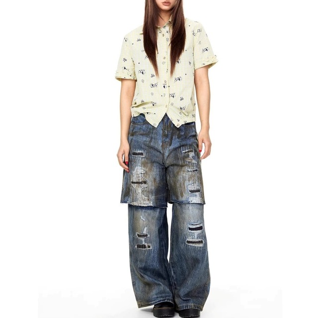 レイヤードデザインダメージライクデニムパンツ 1col   R02066