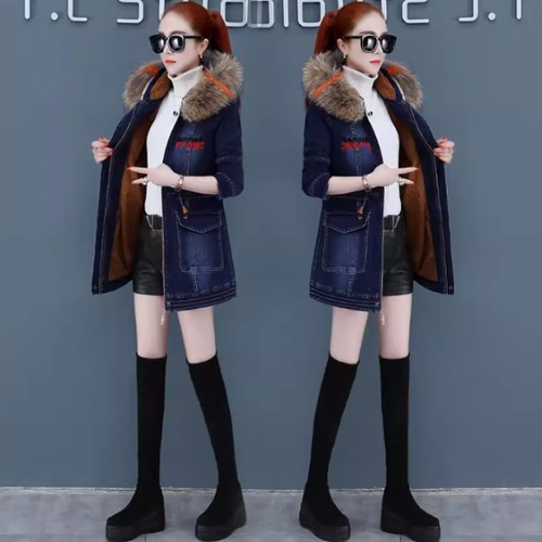 デニムジャケット レディース アウター 羽織 ジャケット デニム 長袖ジャケット ミドル丈ジャケット スリムフィット フード付き ファー付き ふわふわ ボリューム カジュアル お出かけ おしゃれ 女性