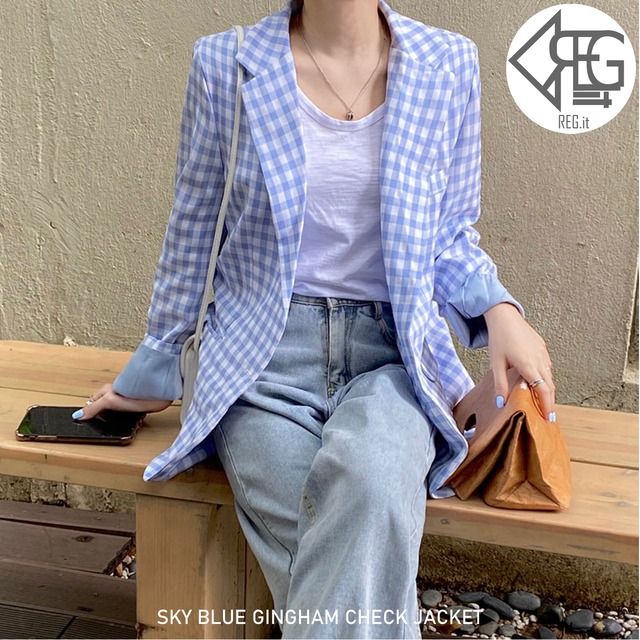 【REGIT】SKY BLUE GINGHAM CHECK JACKET 韓国ファッション ギンガムチェック ジャケット アウター 上着 プチプラ 春 着回し 着映え 着痩せ 20代 30代 水色 スカイブルー