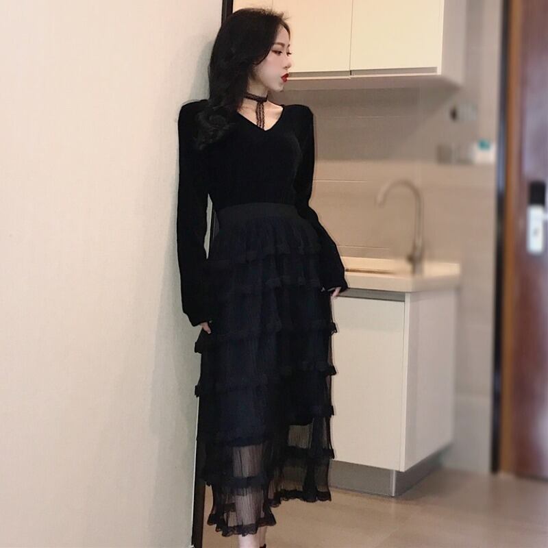 スプリングVネックスカート メッシュレースブラックドレス レディース 春物 ステッチ YY-ファッション15372602877
