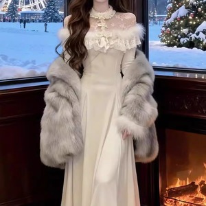 レースデコルテファーオフショルロングワンピ ・74071