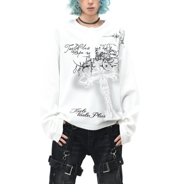 クロスプリントヘンリーネックワッフルロングスリーブTシャツ（2カラーあり）（ruf_03128）
