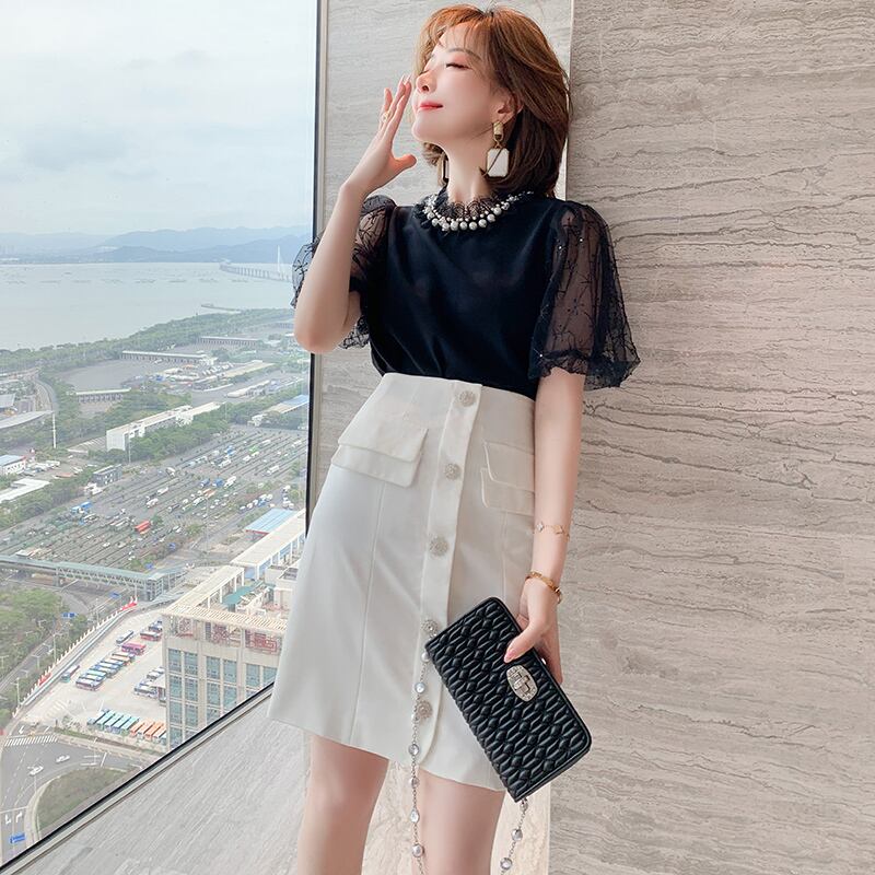 レースカラースリーブトップス ウェストスリムスカート セット MIUCO68624307011