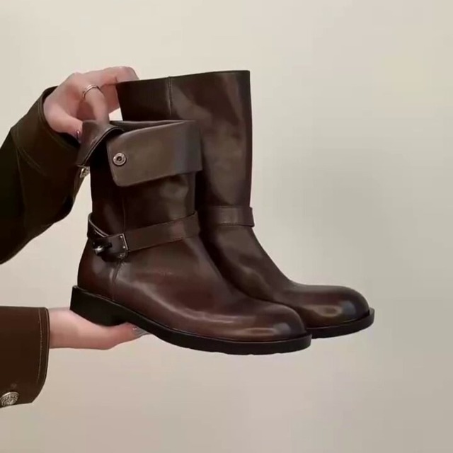 Asymmetric buckle mid boots【2color】 C1636