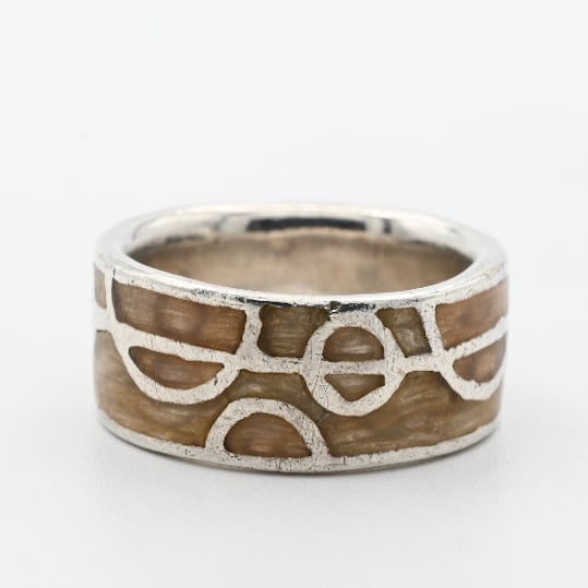 Brown Enamel Inlay Geometric Design Band Ring #9.5 / Denmark
