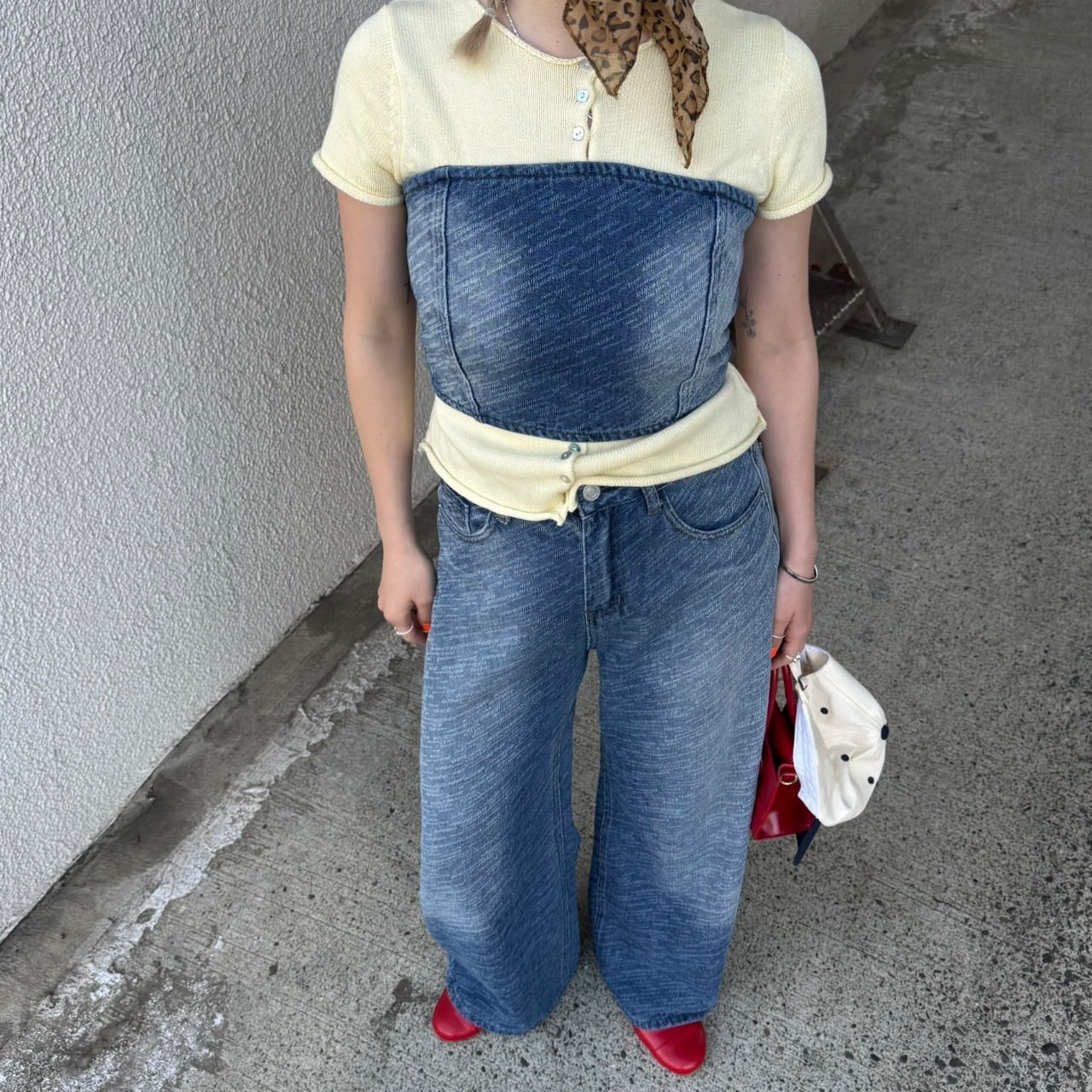 ウォッシュ加工 バンドゥ ワイドパンツ デニムセットアップ_LN03386