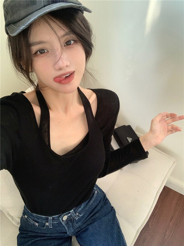 スタイル薄手Tシャツ オータムブラックトップス ロング 秋物 ピュア モンロー78236852503