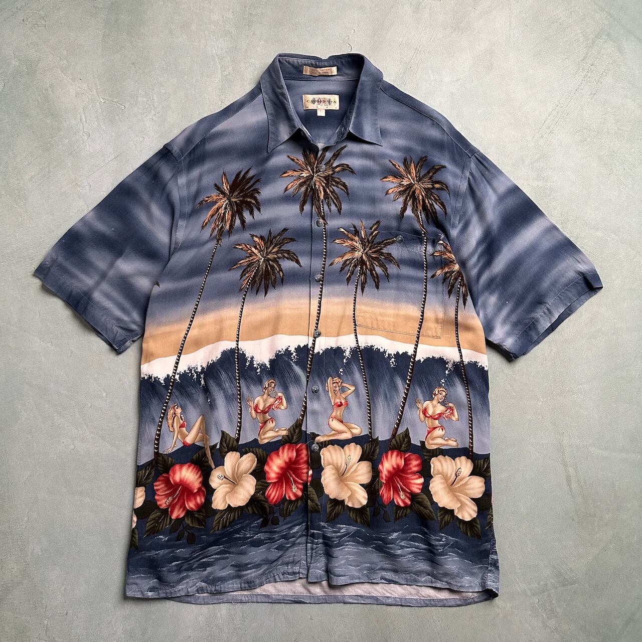 CAMPIA MODA レーヨン アロハシャツ ヤシの木 半袖シャツ ネイビー L