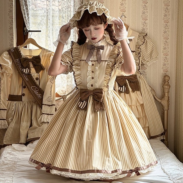 クラシカルストライプの3タイプスカートワンピース（リボン＆レース装飾）