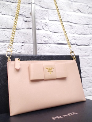 美品◆ PRADA プラダ SAFFIANO FIOCCO サフィアーノ レザー クロスボディ ショルダー クラッチ バッグ ポーチ オーガナイザー 財布 ピンク