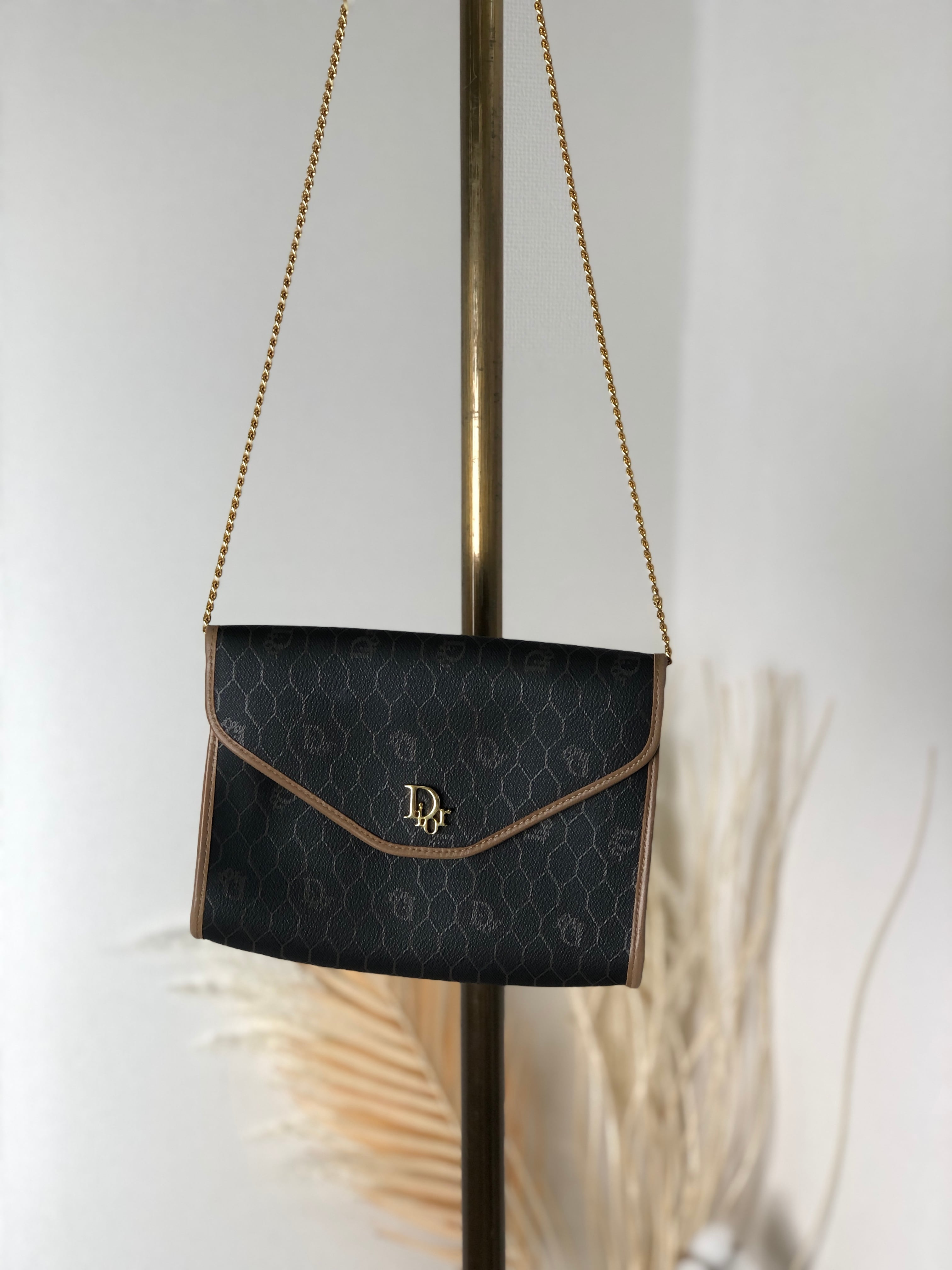 Christian Dior クリスチャン ディオール ハニカム チェーン ショルダーバッグ ブラック×ブラウン vintage ヴィンテージ オールド 4pzrfg