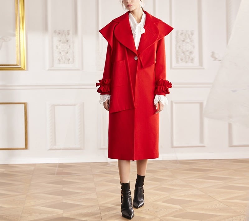 赤 レッド フリル 袖 フリフリ ウール ロング コート シンプル