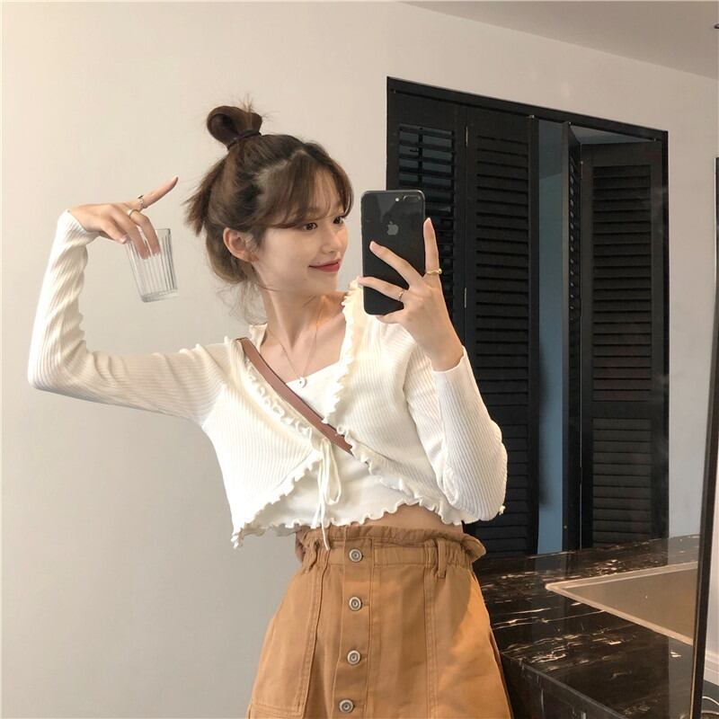 オータムVネックカーディガンショートニットセーター トップス ロング 秋物 萌量不足55118698551