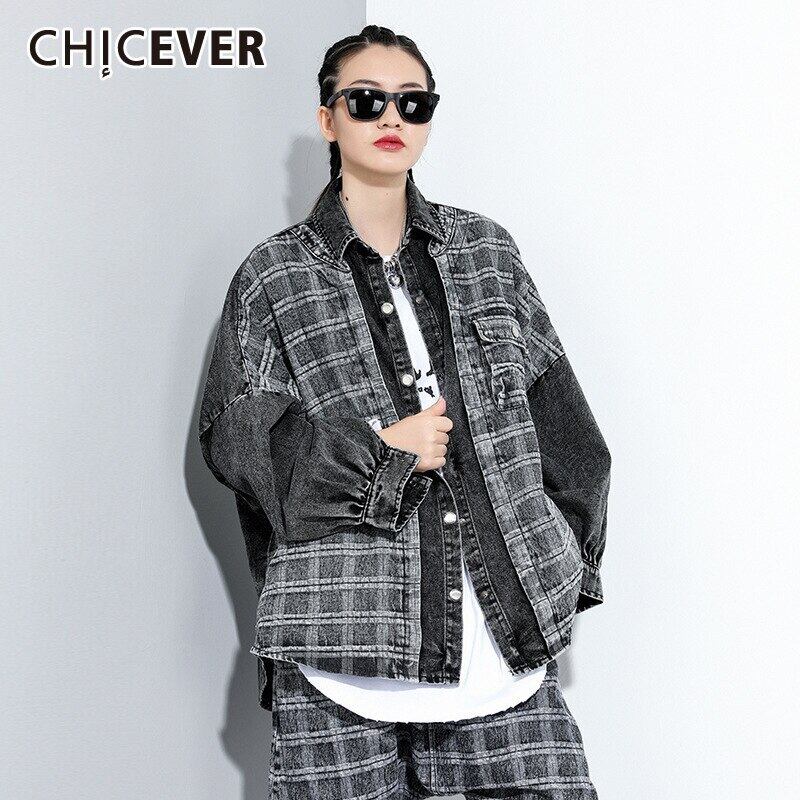 CHICEVERパッチワークウォッシュドデニムジャケットレディースラペルランタン長袖チェック柄ヒットカラーストリートウェアジャケット2020スタイル ロング 6base569923651200