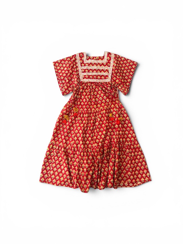 saruche Taped and Tassels ギャザー袖ワンピース 半袖　Vintage Red