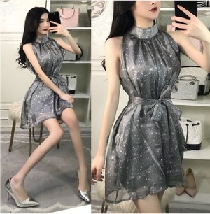 ★★送料無料★9号（M)☆星がきらめくシルバ－グレ－ワンピ－ス(OPN3756)