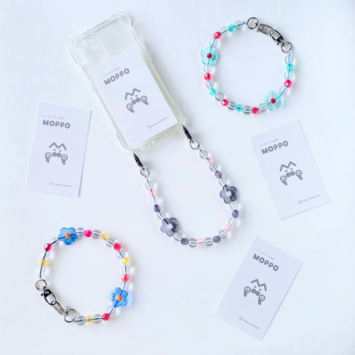 ビーズストラップ｜ポップクリアフラワー（ターコイズ） | MOPPO