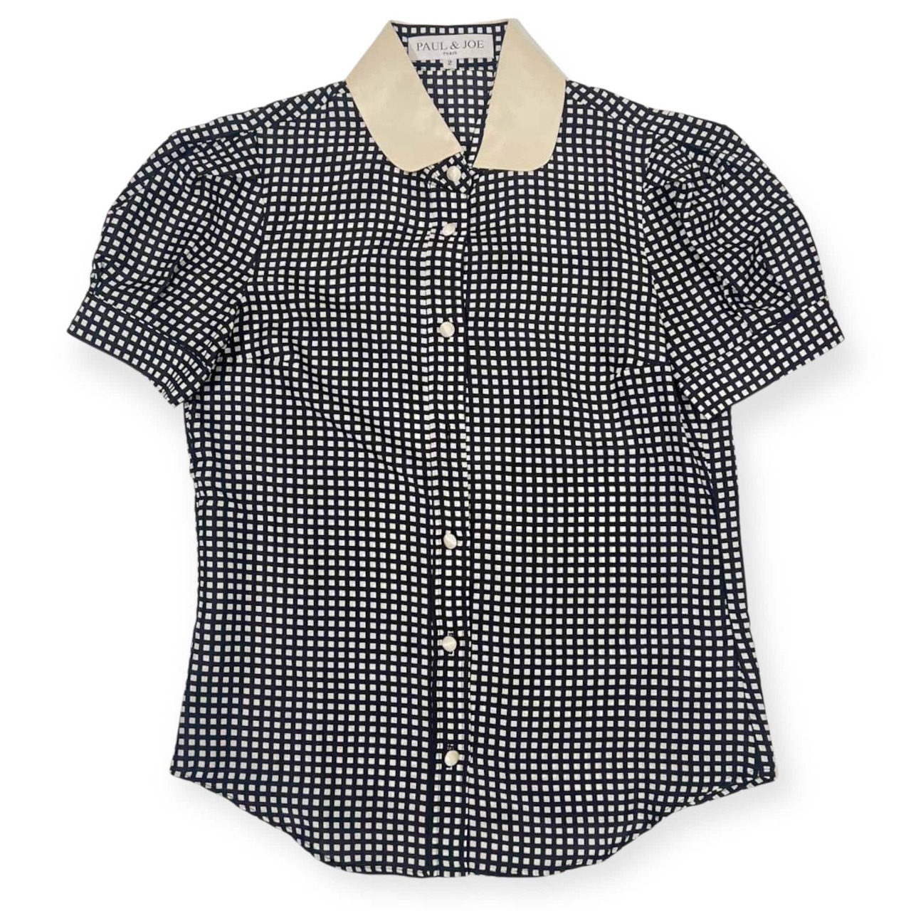 シルク100% フランス製 PAUL & JOE ポールアンドジョー チェック 襟付き半袖 シャツ ブラウス 2/ブラック×ホワイト レディース ビンテージ