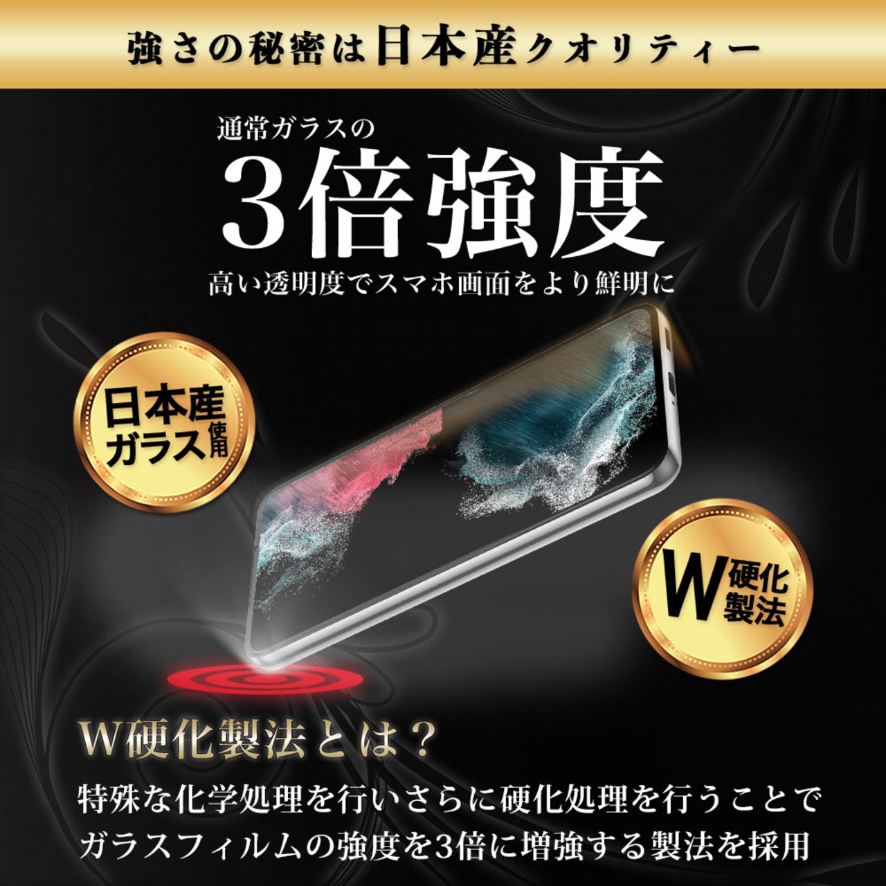 Hy+ Galaxy S22+ フィルム ガラスフィルム W硬化製法 一般ガラスの3倍強度 全面保護 全面吸着 日本産ガラス使用 厚み0.33mm ブラック