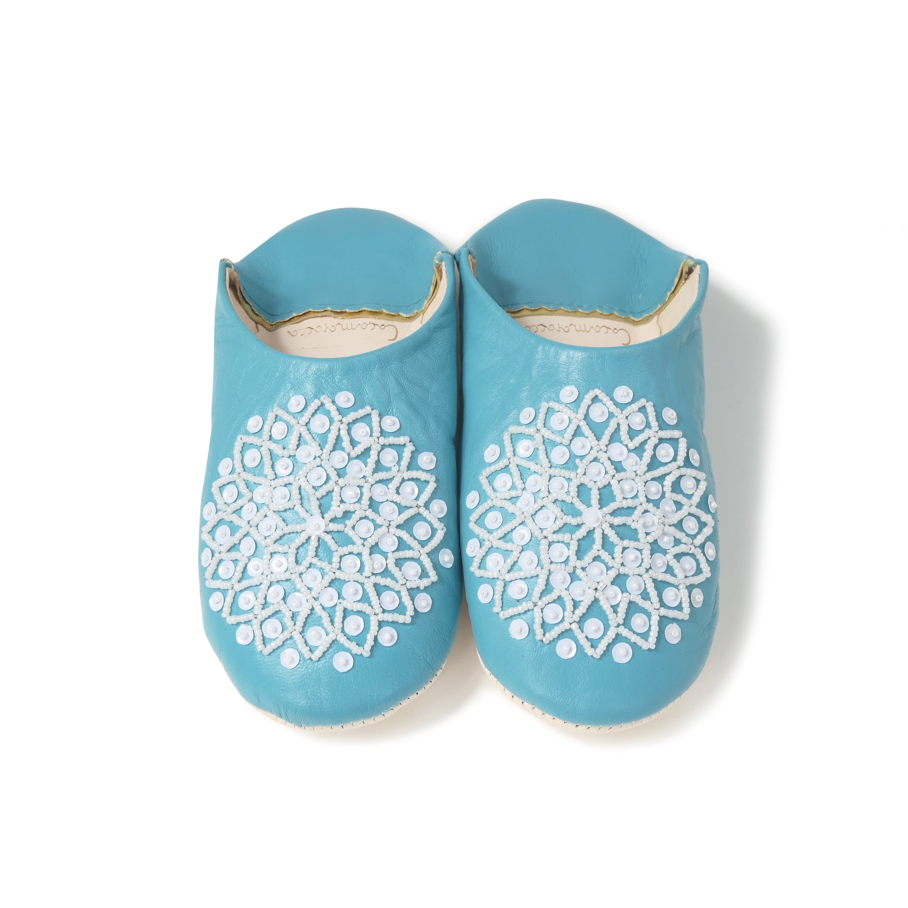 受注生産 ブルー(ホワイト スパンコール) レザー バブーシュ スリッパ
