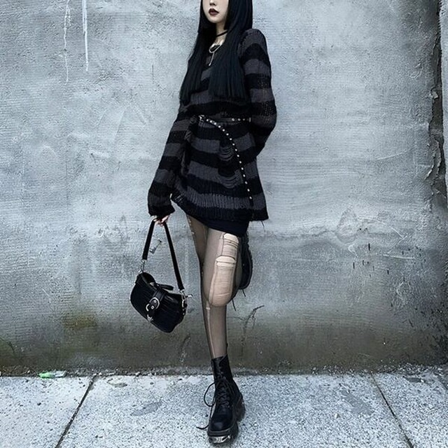 ニット クラッシュ ダメージ ボーダー柄 ストリート系 地雷系 原宿女子 韓国ファッション 10代 代 サブカルファッション With U ニット クラッシュ ダメージ ボーダー柄 ストリート系 地雷系 原宿女子 韓国ファッション 10代 代 サブカルファッション With U