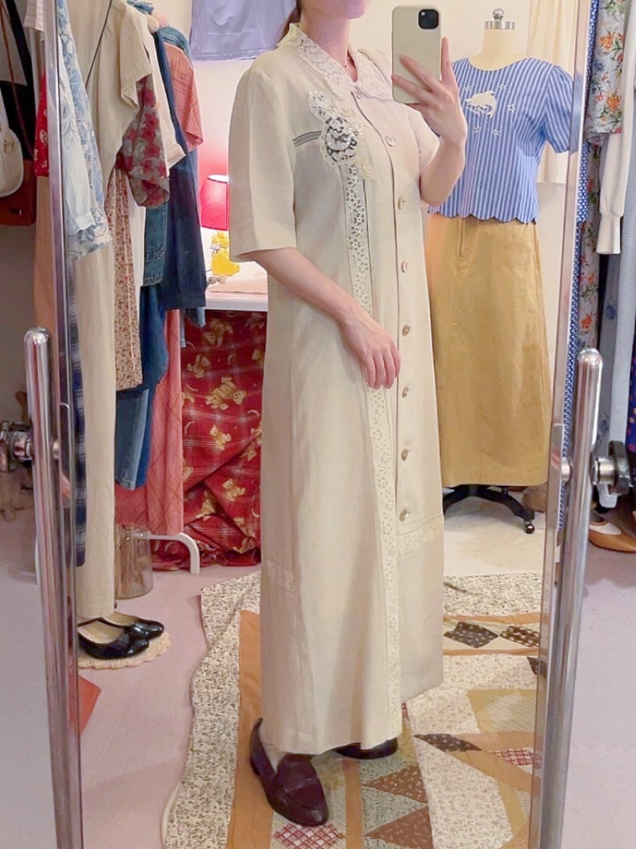 lace collar linen beige one-piece