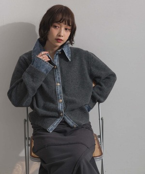 HD2510001 デニム襟レイヤード風ニットトップス charcoal