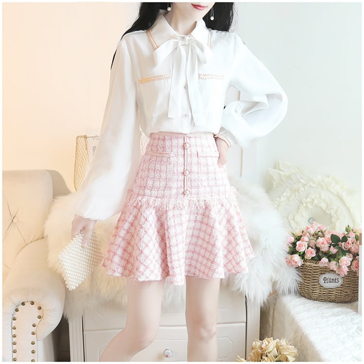 丸襟 チェック リボン ブラウス フレア スカート アンサンブル