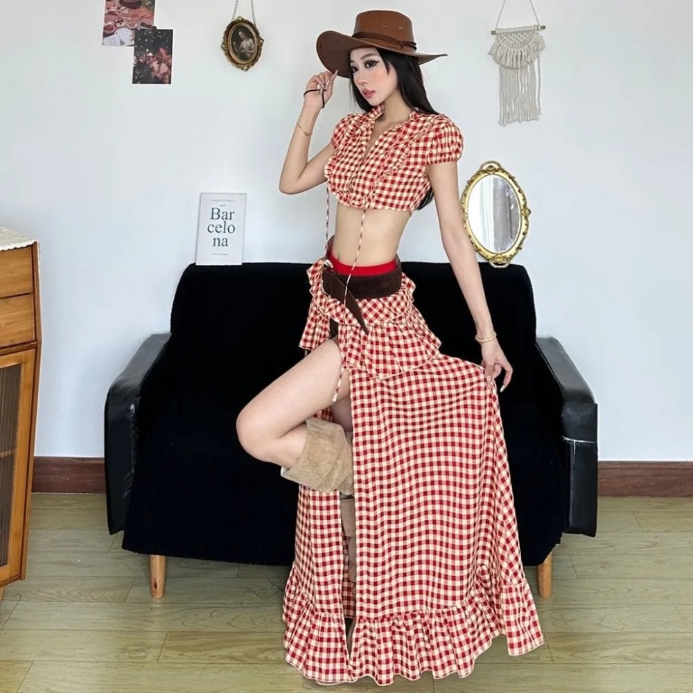 SylCue ファッショングリッドプリント 2 ピースセット女性 o ネックシャーリングへそ露出ミニトップス + パッチワークスプリットスカート甘いスタイルスーツ