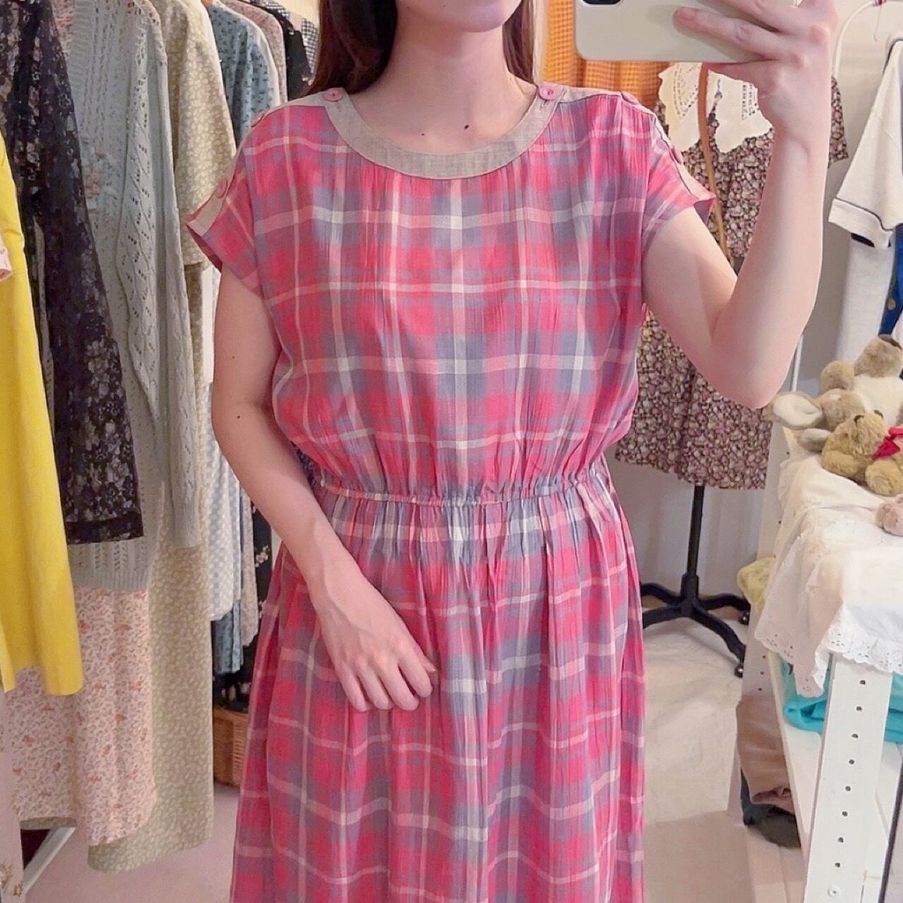 pink gray check button one-piece