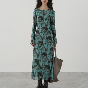 Blue-green blurred abstract print dress S1869