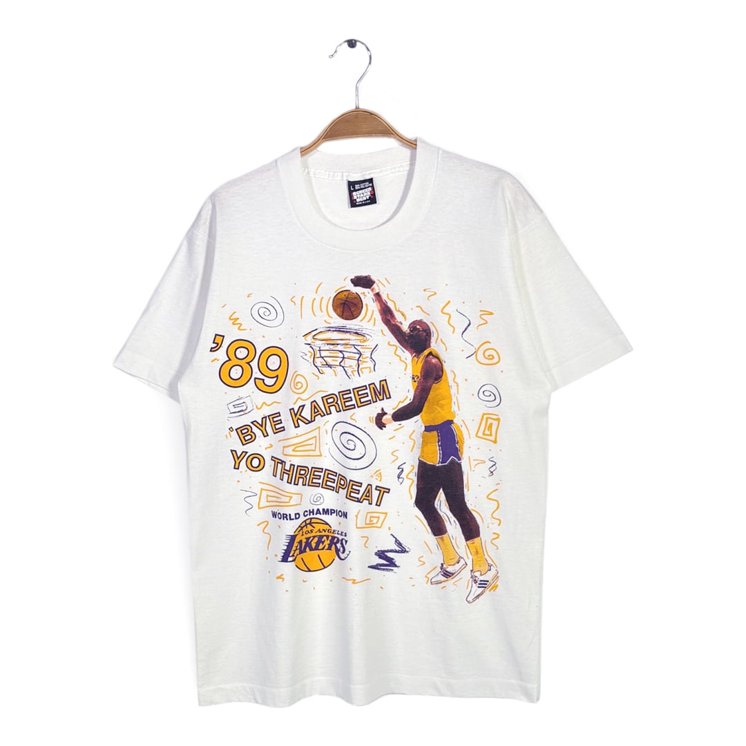 80s カリーム アブドゥル ジャバー NBA レイカーズ USA製 ヴィンテージ Tシャツ ホワイト 企業系 シングルステッチ LAKERS サイズXL 古着 BZ0521