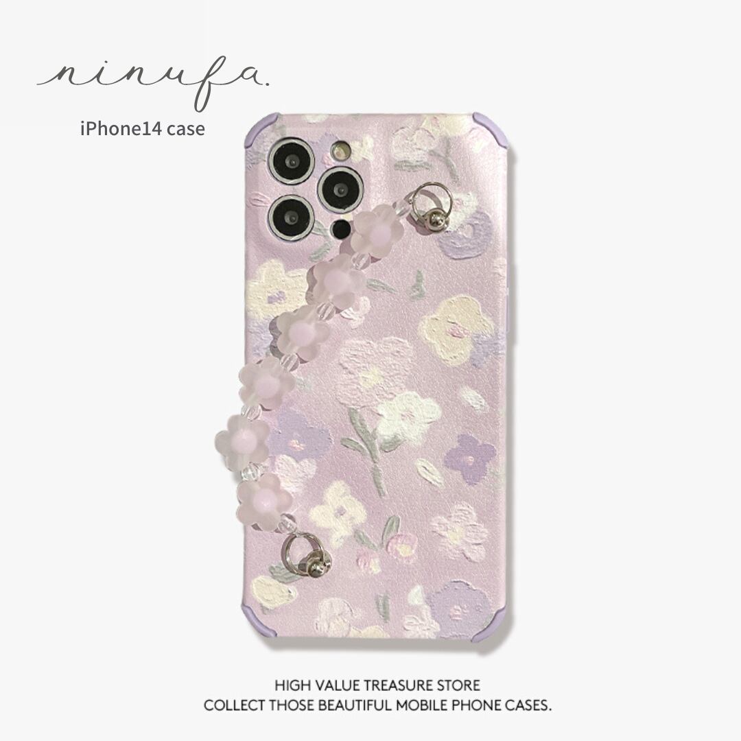 【再販】淡いパープル❤︎フラワー柄 落下防止 フェイクレザー カメラレンズ保護 花柄ビーズ チェーン スマホケース ND-14736