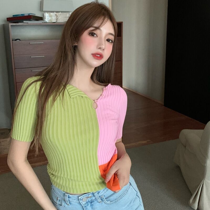 ニットショートスリムトップス レディース 半袖 ハーフスリーブ シルク ハンチェンe31127662076