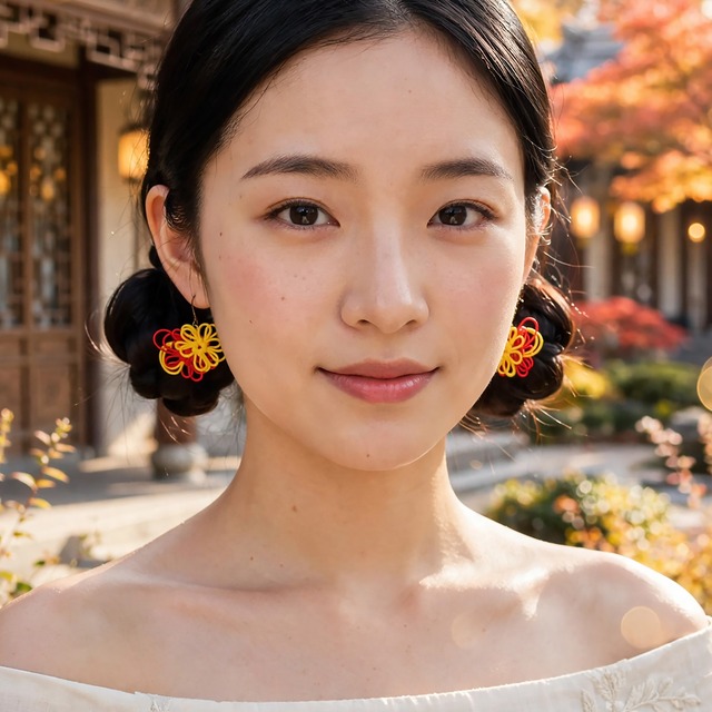 飾り結びピアス「はれ陽」（黄×朱） | 浴衣・着物に軽量快適。日常使いにも。