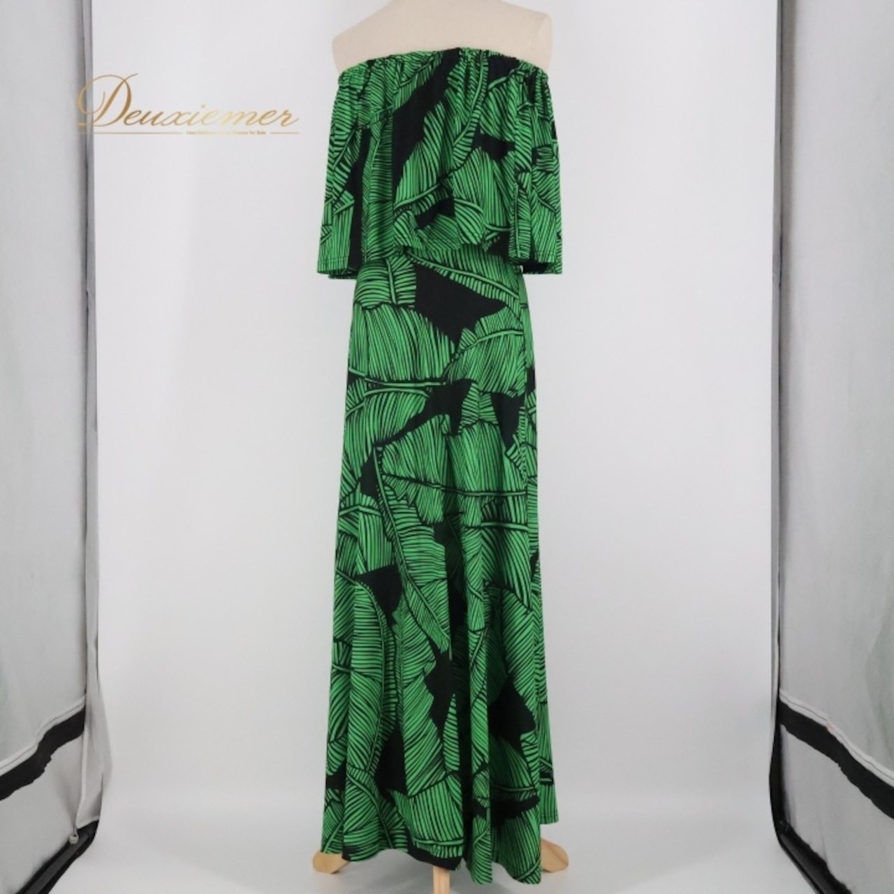 フラダンス 衣装 ワンピース ドレス アロハスタンダード ブラック系 グリーン系 ALOHA STANDARDS チューブトップ オフショルダー 2WAY 葉っぱ柄 かわいい 華やか 鮮やか ハワイアン アロハ フラ ダンス レッスン 練習 フラダンスドレス