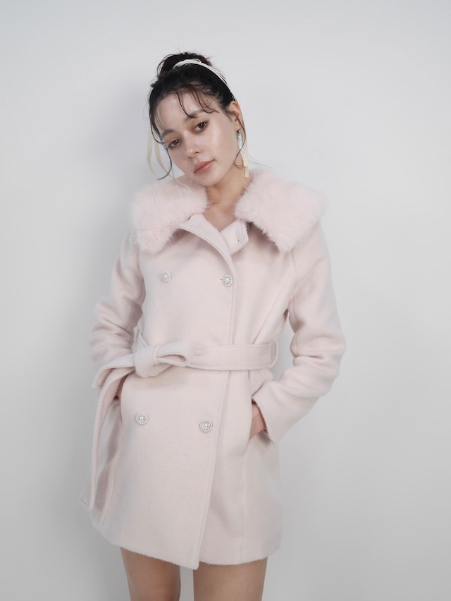 fur collar bijou coat -pink-