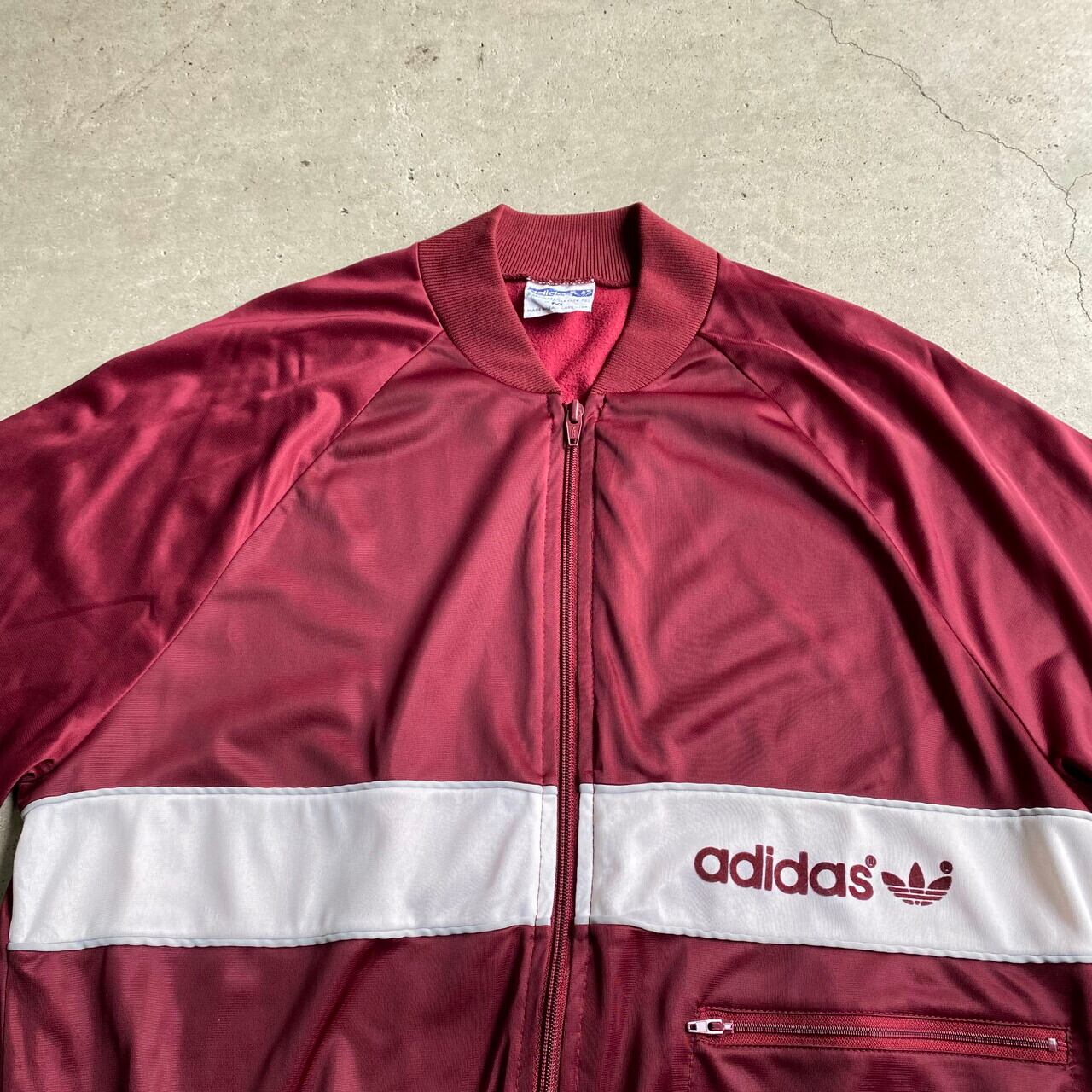 70〜80年代 USA製 adidas アディダス ATPタイプ 片ポケ トレフォイルロゴ フロッキープリント ジャージ トラックジャケット メンズM  古着 70s 80s ビンテージ ヴィンテージ ワインレッド ボルドー ...