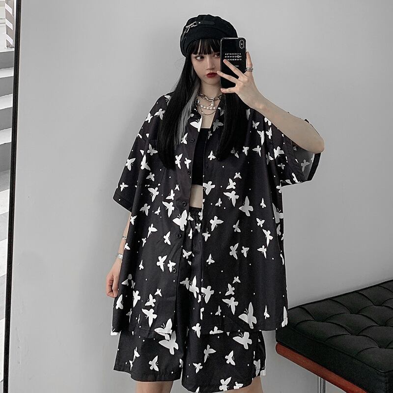 サマールーズダークButterflyデザイン プリント柄シャツ カジュアルショーツ 夏物 ブルマー ケッペル96394753294