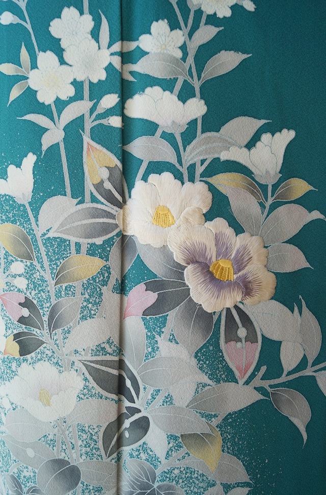 【袷】青緑色　吉祥花々文　訪問着