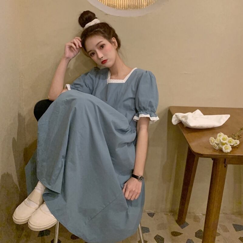 スプリングレースカラーウェストドレス ロングスカート 春物 スクウェア 1号婦人85230873035