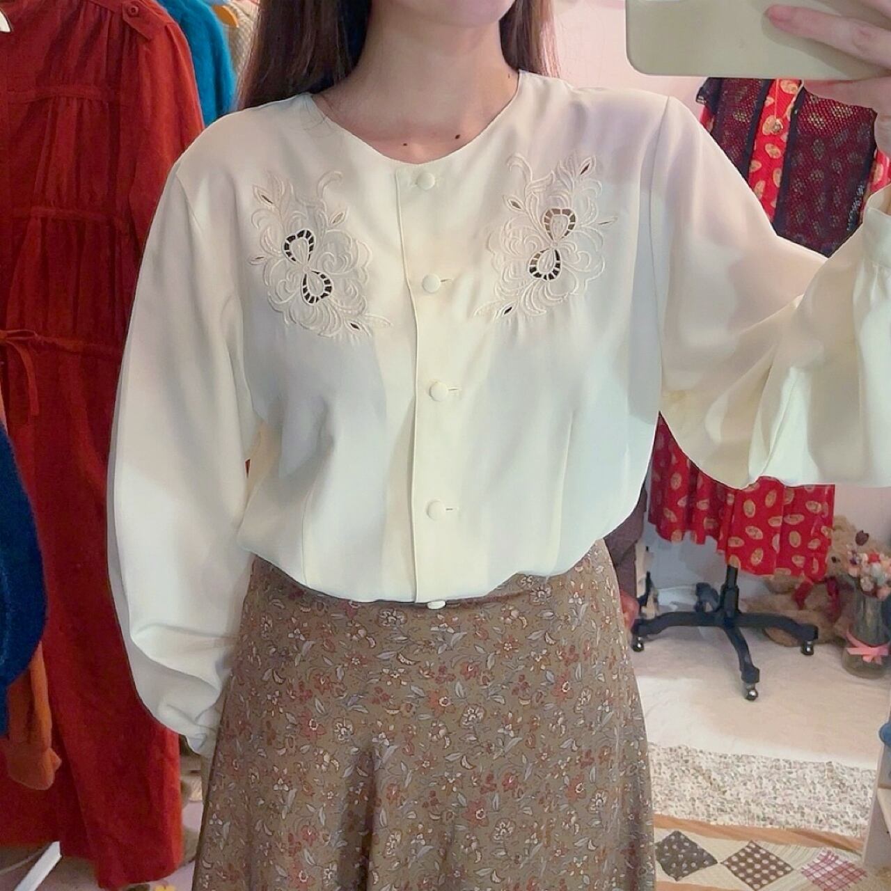 ribbon botanical embroidery blouse