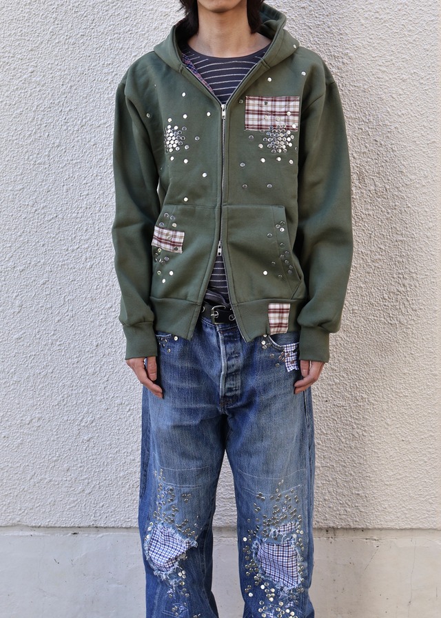 【Hannah Creak/26aw】Studded Hoodie Double Zip khaki