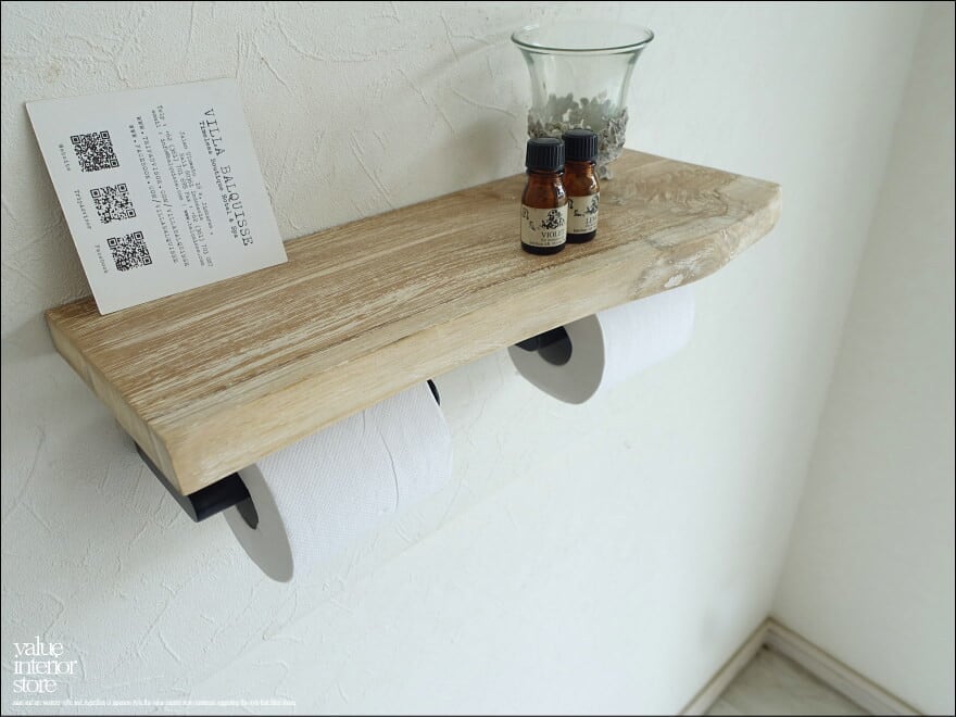 無垢材 チークトイレットペーパーホルダーNW01 紙巻器 トイレ収納 2連 棚板 ナチュラルホワイト ウォールシェルフ 幅45cm