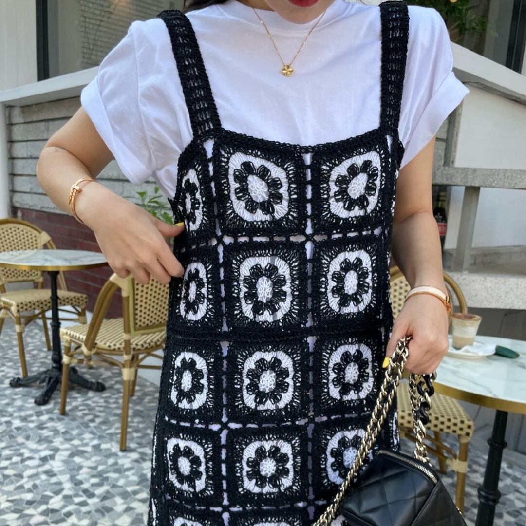 ニットワンピース 花柄ワンピース クロシェ 鍵編み ローゲージ 重ね着