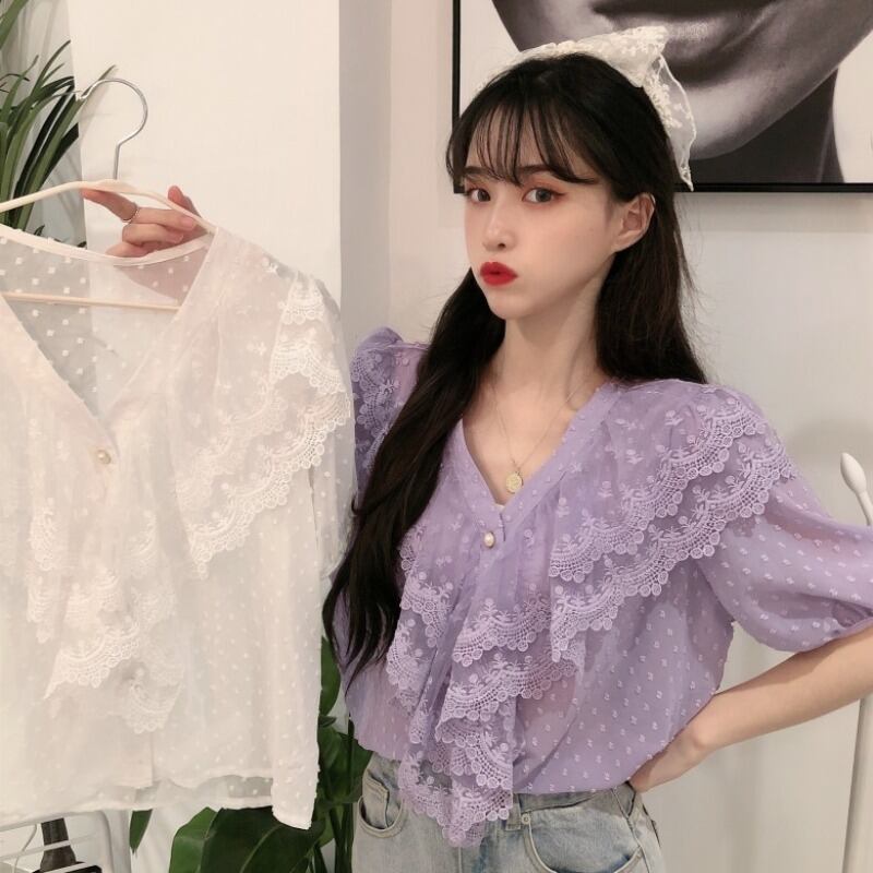 夏のニュースタイルの女性の妖精気は薄くて洋風のパフスリーブシフォントップデザインのニッチな半袖シャツトップでした 1号婦人16549805990