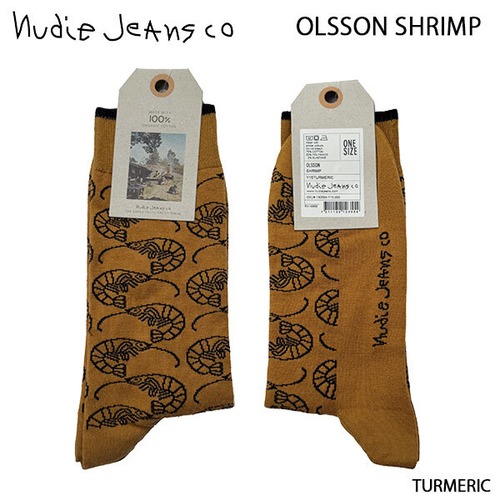 OLSSON SHRIMPTURMERIC シュリンプ柄 ソックス 靴下 オーガニックコットン ヌーディージーンズ Nudie Jeans co スウェーデン 正規販売店