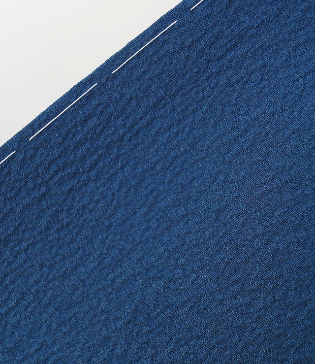 【袷】ゆとりサイズ　青藍色地　色無地　縫いの一つ紋