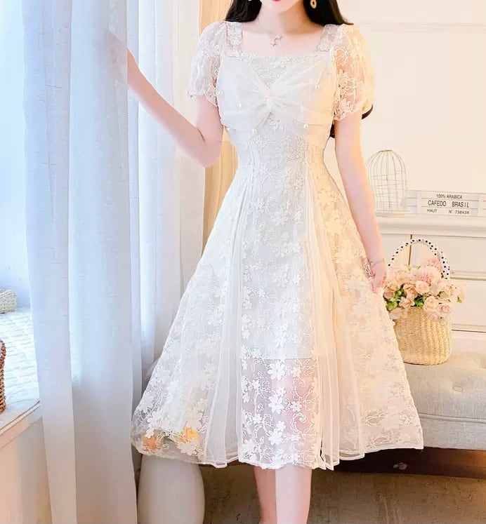 レディースワンピース シースルースカート かわいいレース c1918 OP-0067 フェアリー ガーリー 小花柄 レース ロング丈