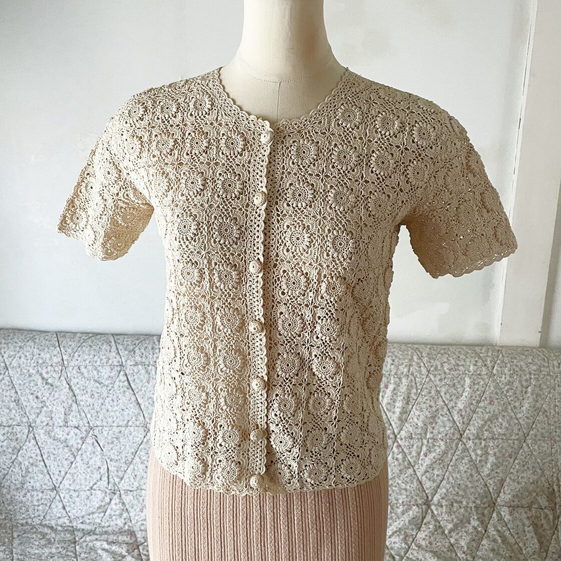 80-90s 上海民芸品 クロシェカーディガン 模様編み 昭和レトロ 